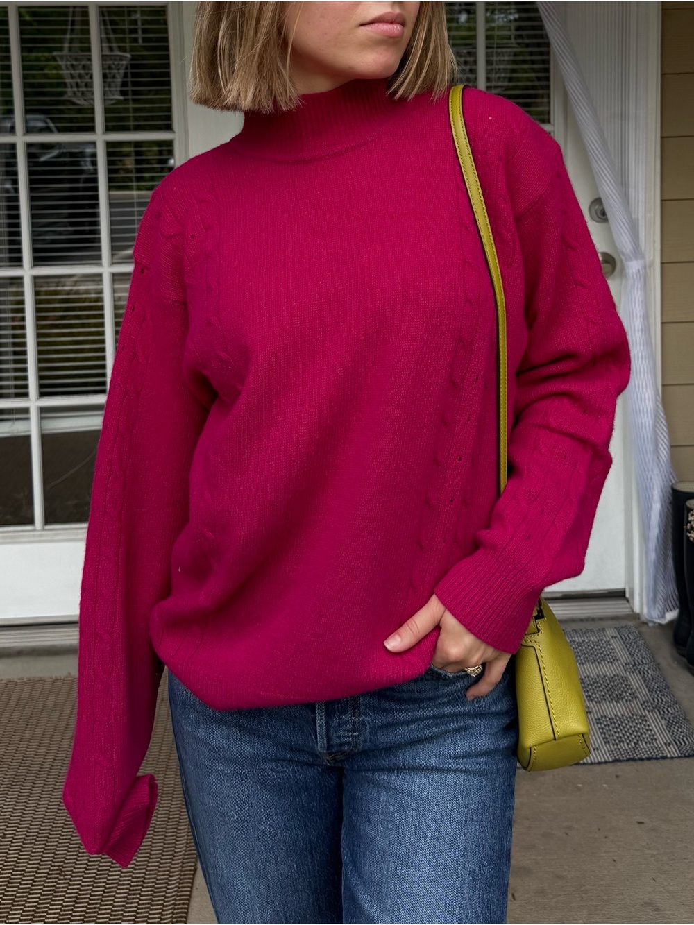 Talbots Fuchsia Pink Cable-Detail Mock Neck Sweater